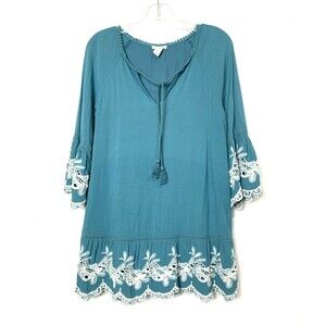 Forever 21 Mini Dress Embroidered Floral Size M Teal Bell Sleeves Tassel Boho